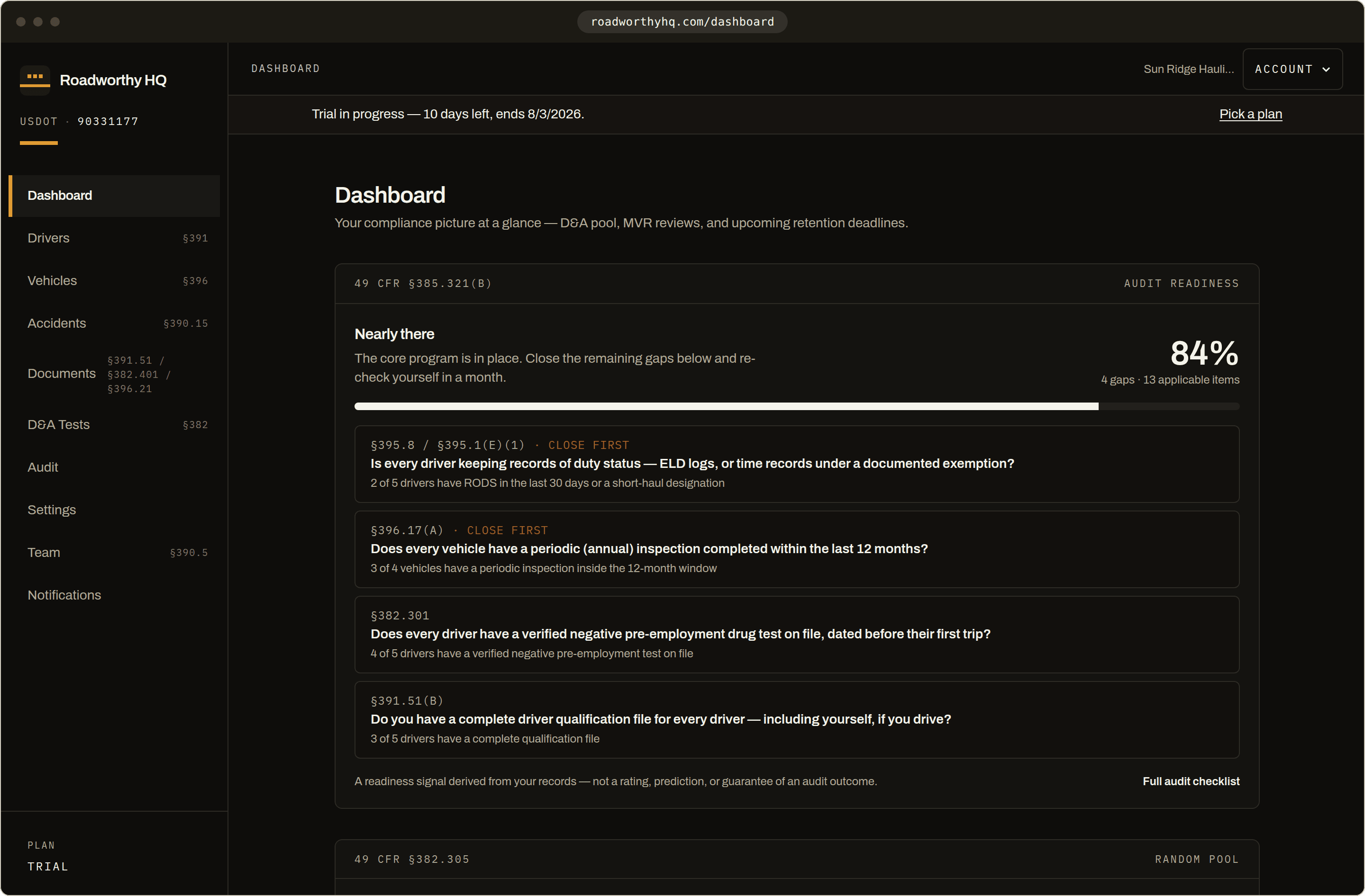 Roadworthy HQ dashboard showing the demo fleet: D&A random pool at the 2026 rates, MVR review status, and upcoming expirations, each tagged with its CFR citation.