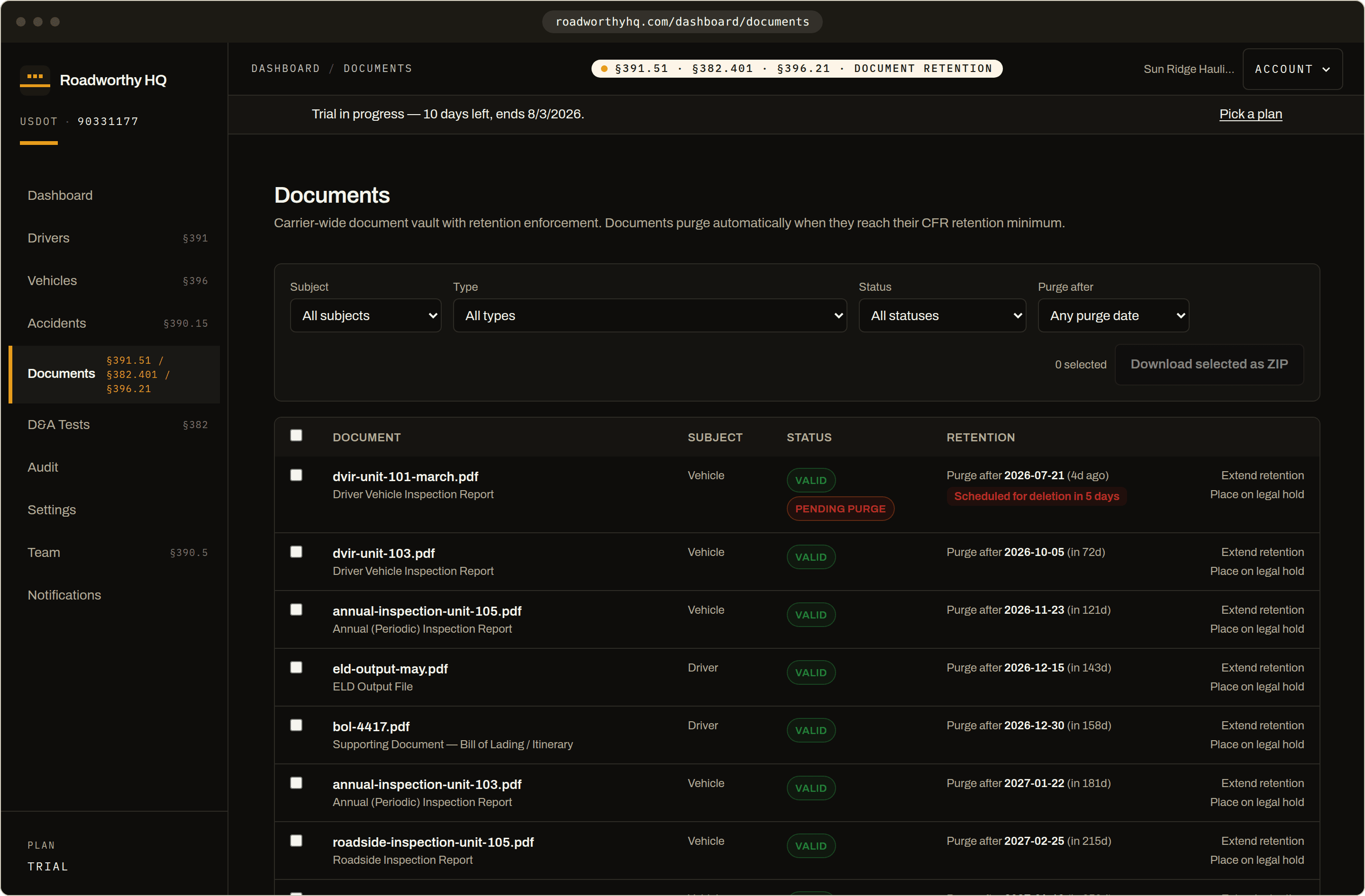 Roadworthy HQ document vault: every document carries a status and a purge date computed from its CFR retention window, with one-click extend and legal hold. A DVIR sits in its seven-day purge grace window.